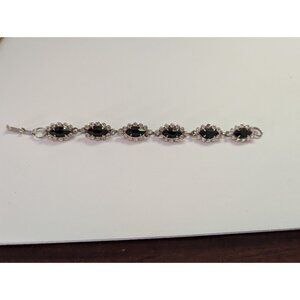 Vintage Silver-Tone Bracelet Black Marquise Stones & Clear Rhinestones 7"